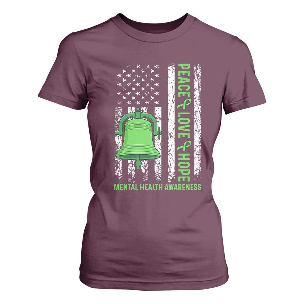 Mental Health T Shirt For Women Peace Love Hope Green Ribbon