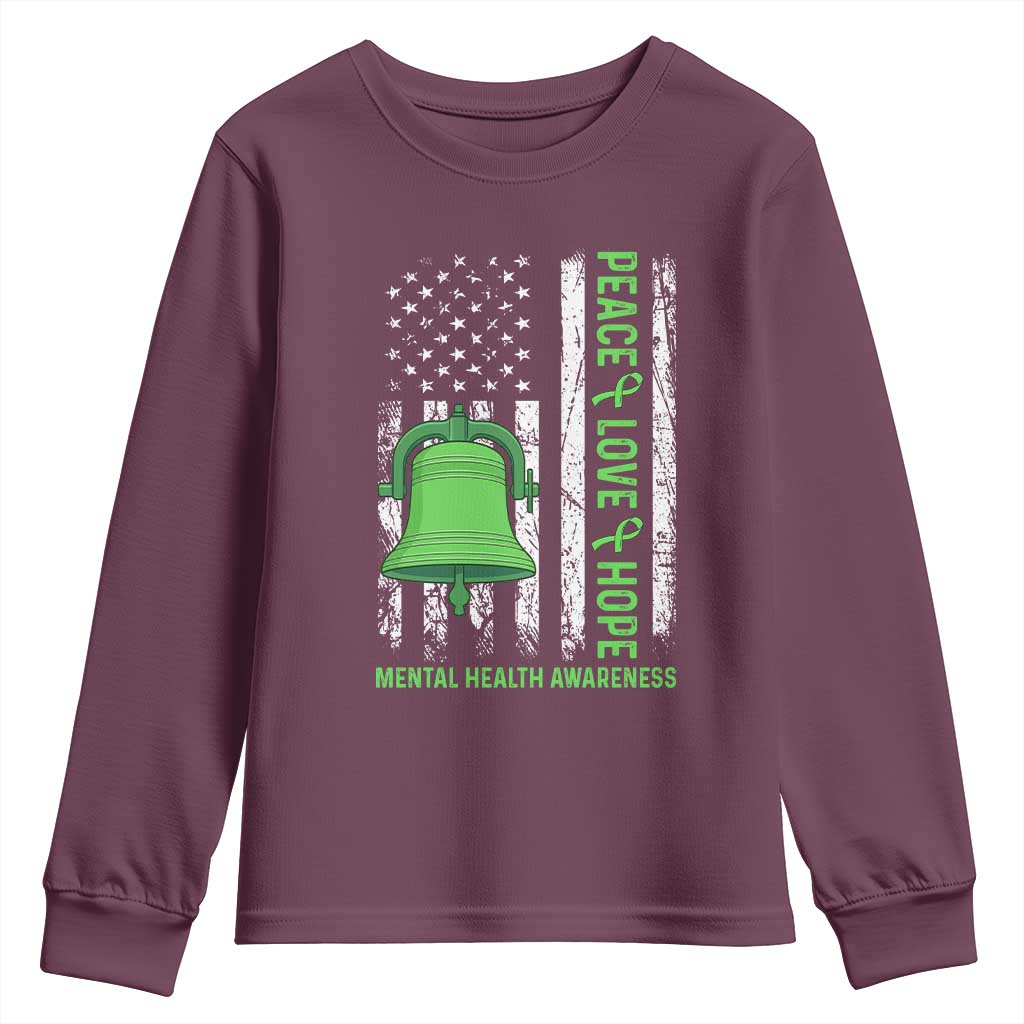 Mental Health Youth Sweatshirt Peace Love Hope Green Ribbon