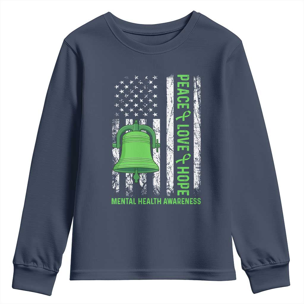Mental Health Youth Sweatshirt Peace Love Hope Green Ribbon