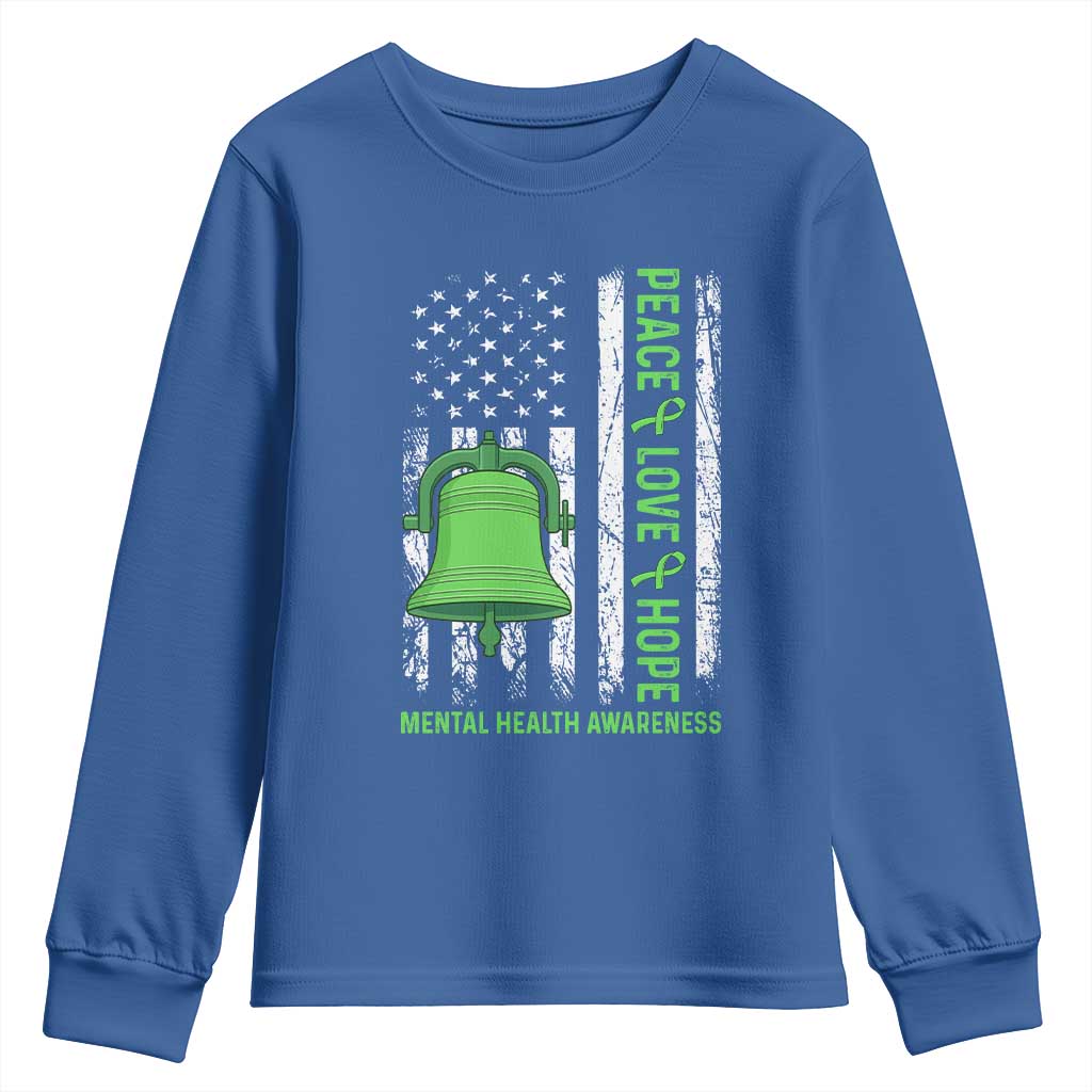 Mental Health Youth Sweatshirt Peace Love Hope Green Ribbon