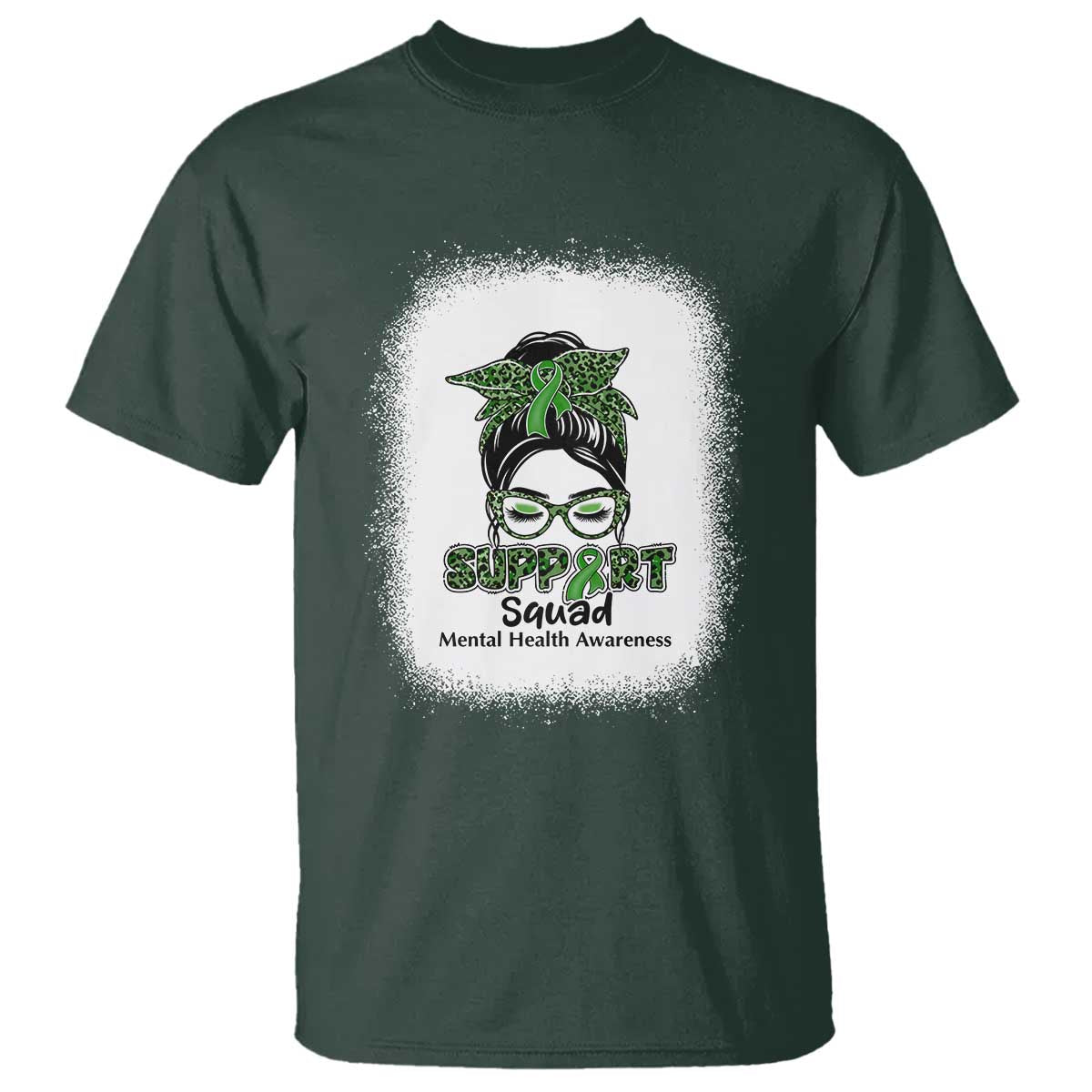 Mental Health T Shirt Messy Bun Green Ribbon Support