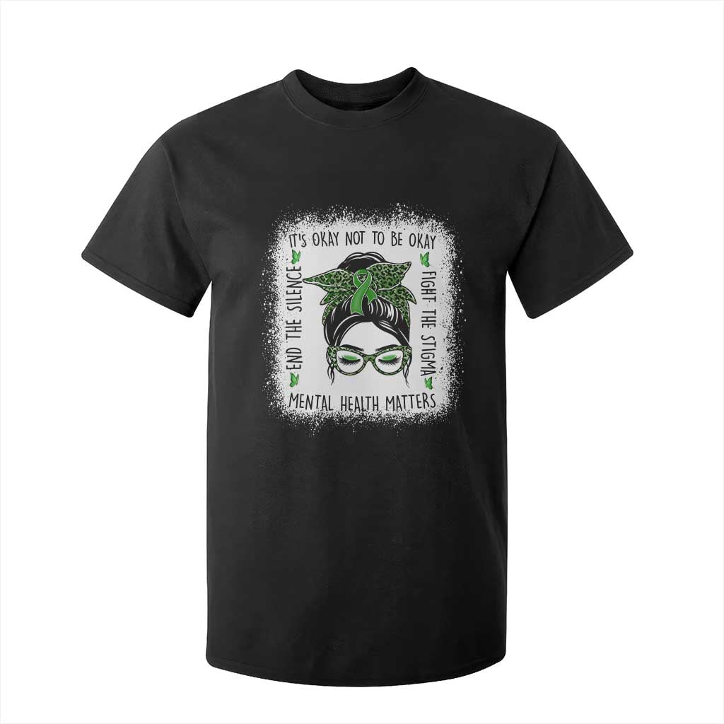 Mental Health Matters T Shirt For Kid Messy Bun Green Ribbon Support