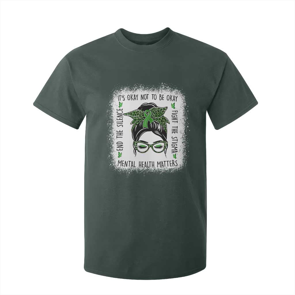 Mental Health Matters T Shirt For Kid Messy Bun Green Ribbon Support