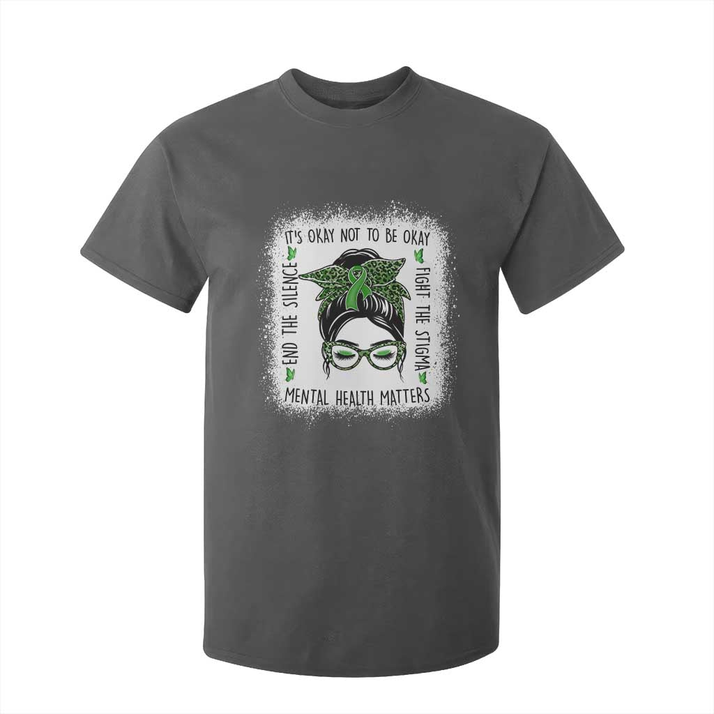 Mental Health Matters T Shirt For Kid Messy Bun Green Ribbon Support