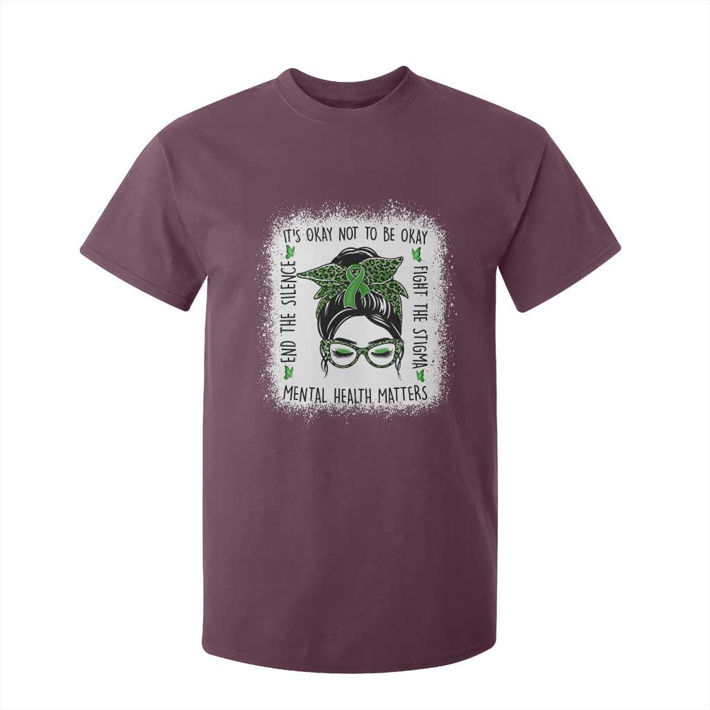 Mental Health Matters T Shirt For Kid Messy Bun Green Ribbon Support
