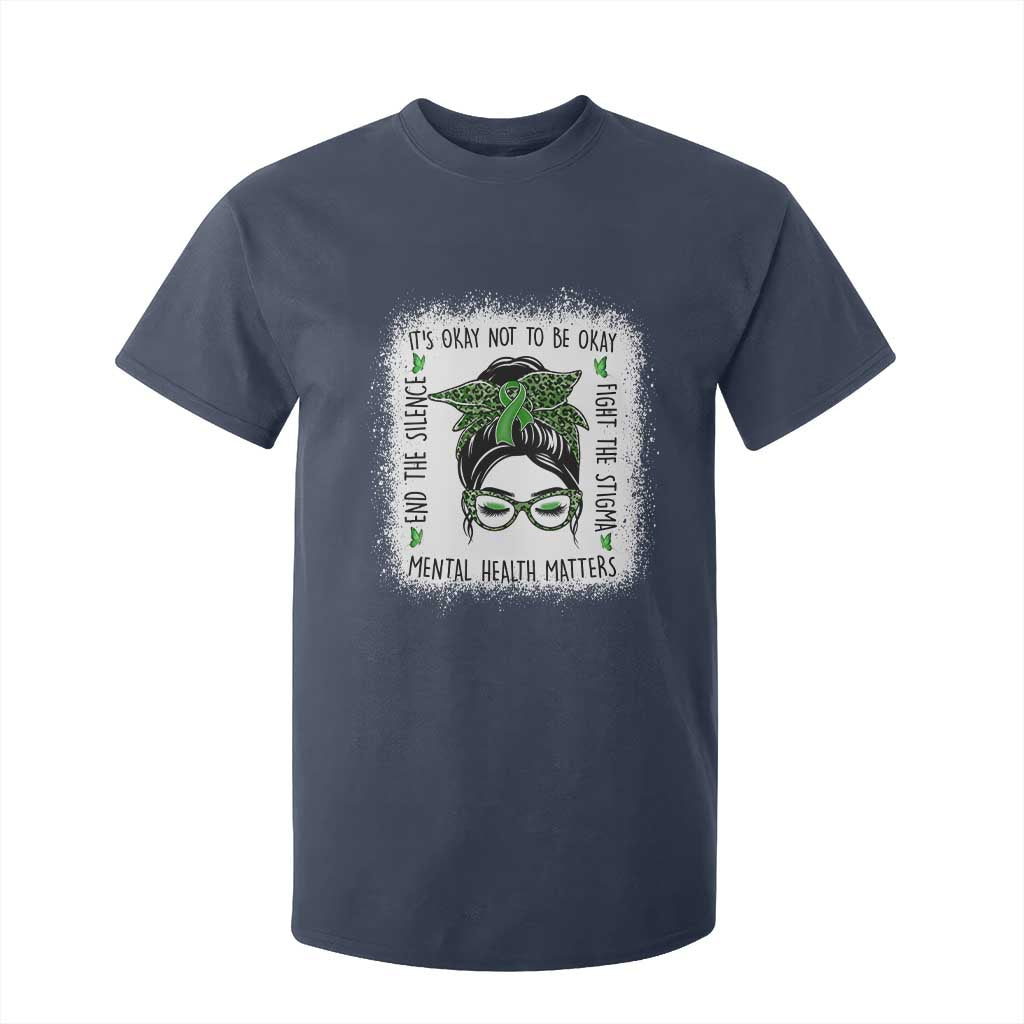 Mental Health Matters T Shirt For Kid Messy Bun Green Ribbon Support