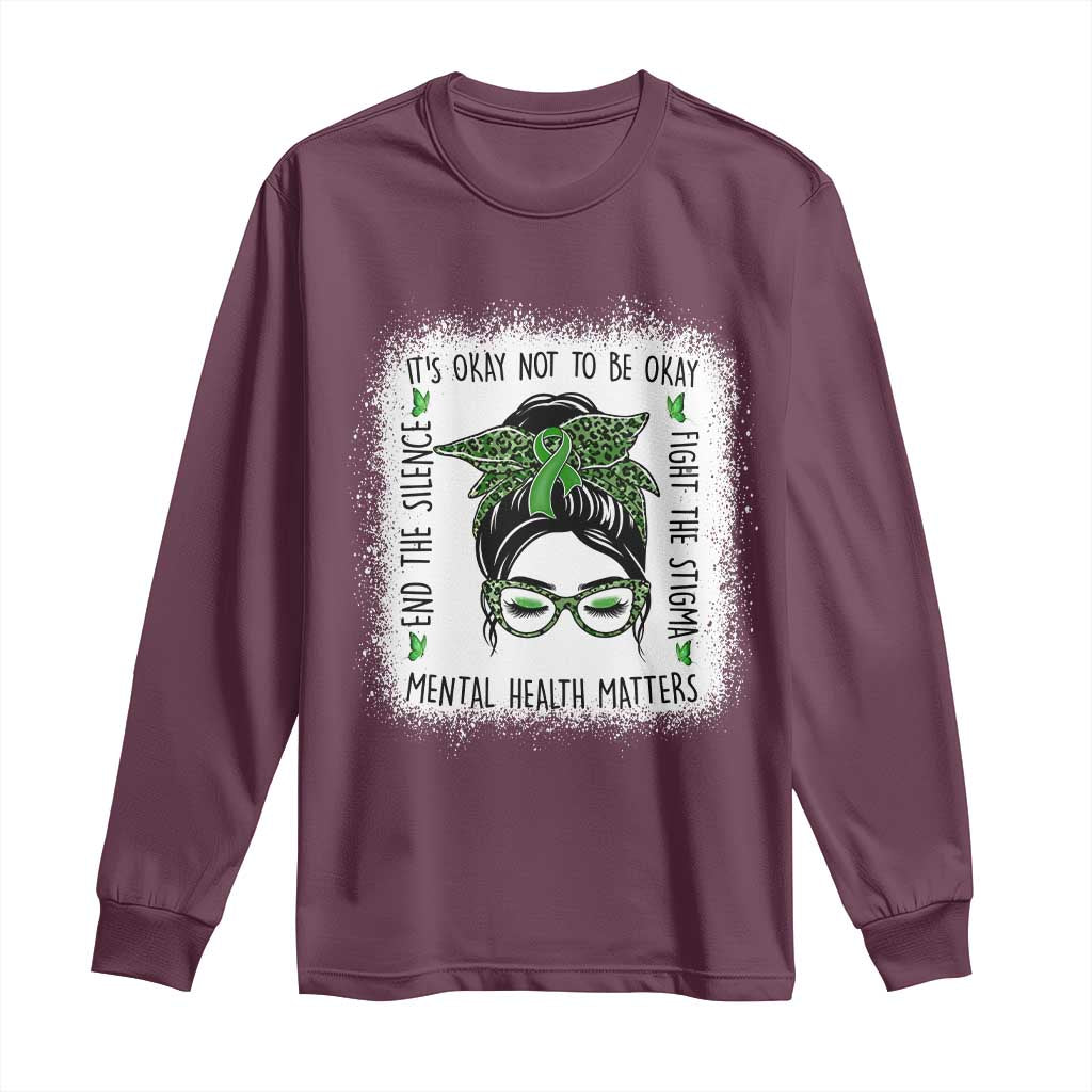 Mental Health Matters Long Sleeve Shirt Messy Bun Green Ribbon Support
