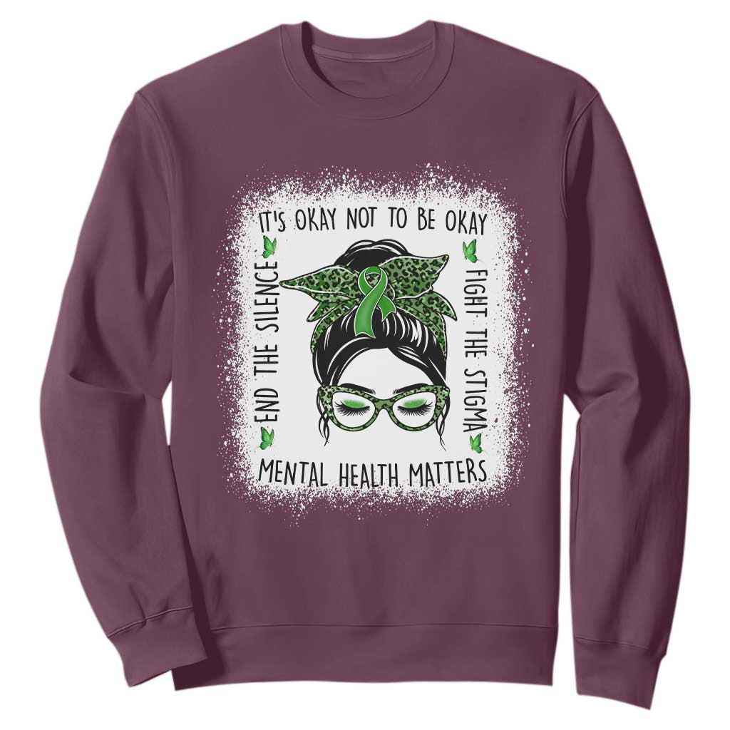 Mental Health Matters Sweatshirt Messy Bun Green Ribbon Support