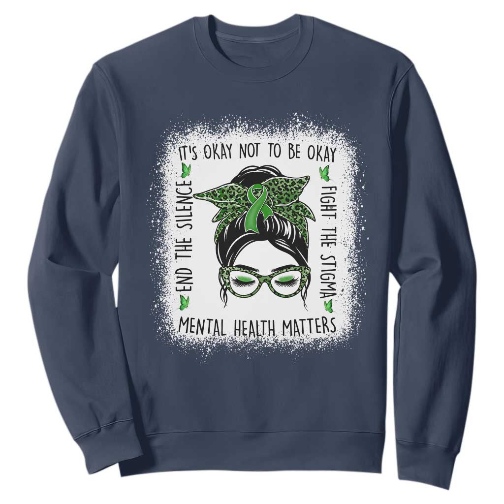 Mental Health Matters Sweatshirt Messy Bun Green Ribbon Support