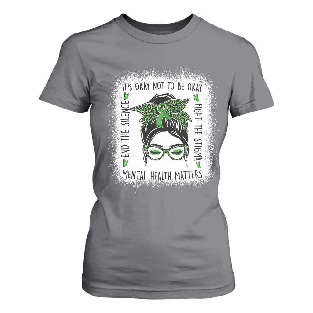 Mental Health Matters T Shirt For Women Messy Bun Green Ribbon Support