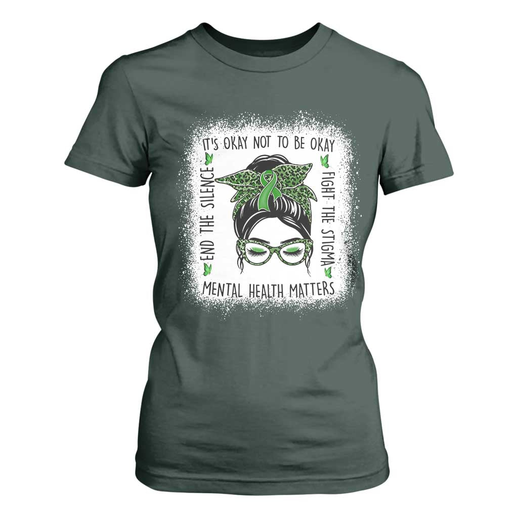 Mental Health Matters T Shirt For Women Messy Bun Green Ribbon Support