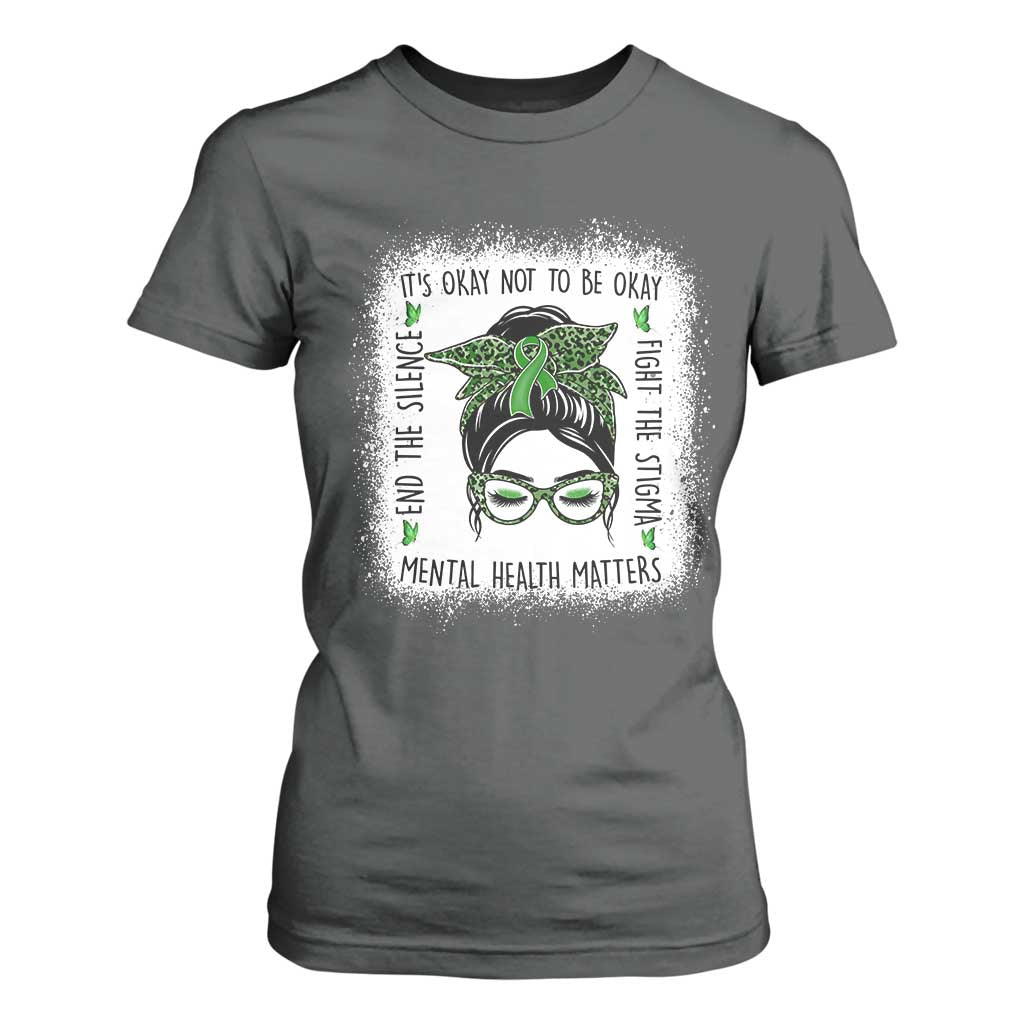 Mental Health Matters T Shirt For Women Messy Bun Green Ribbon Support
