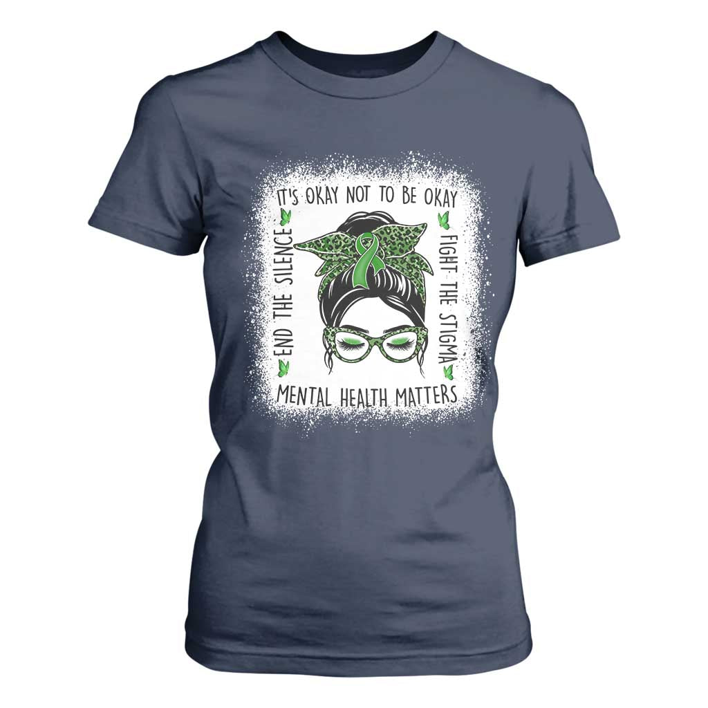 Mental Health Matters T Shirt For Women Messy Bun Green Ribbon Support