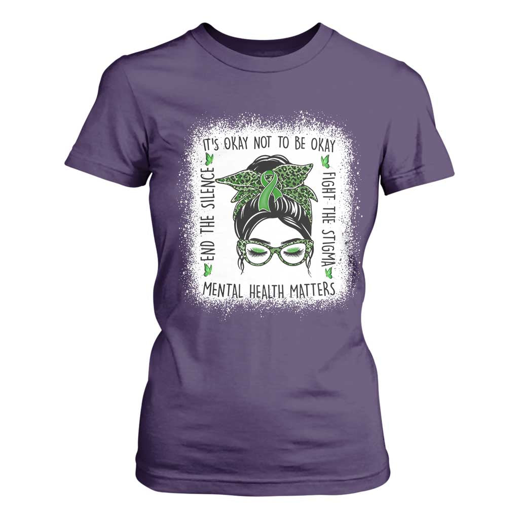 Mental Health Matters T Shirt For Women Messy Bun Green Ribbon Support