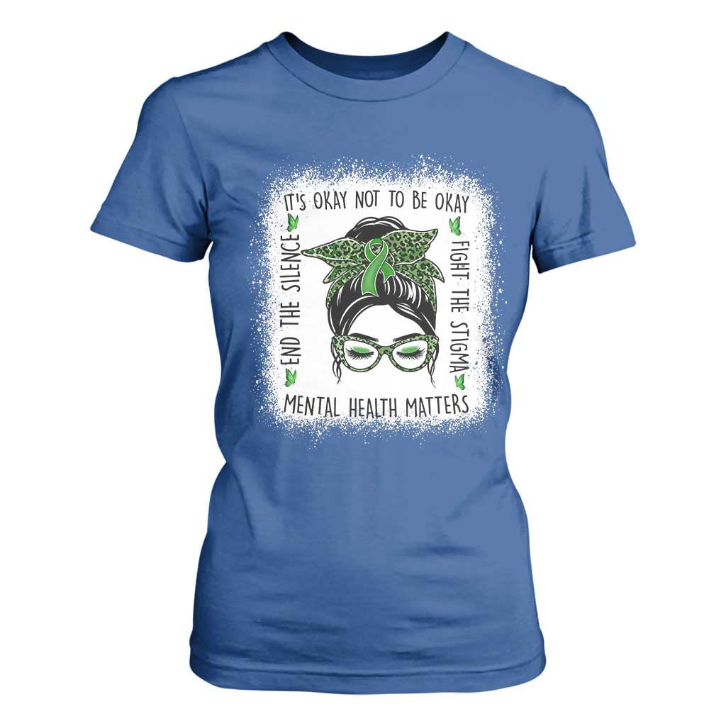Mental Health Matters T Shirt For Women Messy Bun Green Ribbon Support