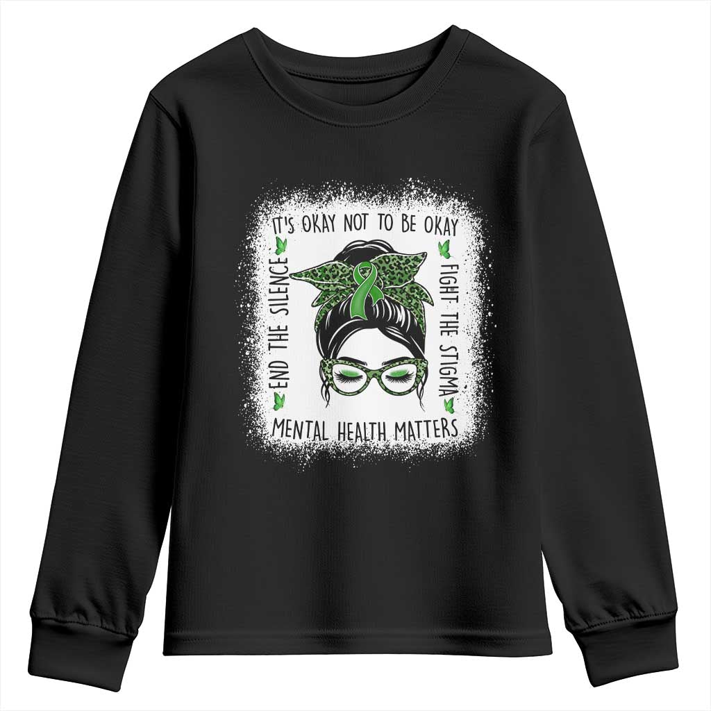 Mental Health Matters Youth Sweatshirt Messy Bun Green Ribbon Support