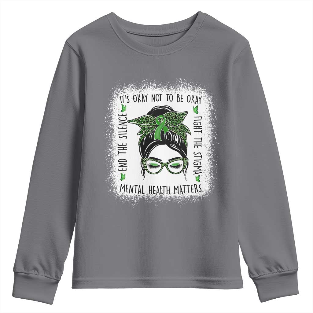 Mental Health Matters Youth Sweatshirt Messy Bun Green Ribbon Support