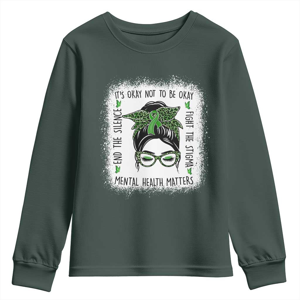 Mental Health Matters Youth Sweatshirt Messy Bun Green Ribbon Support
