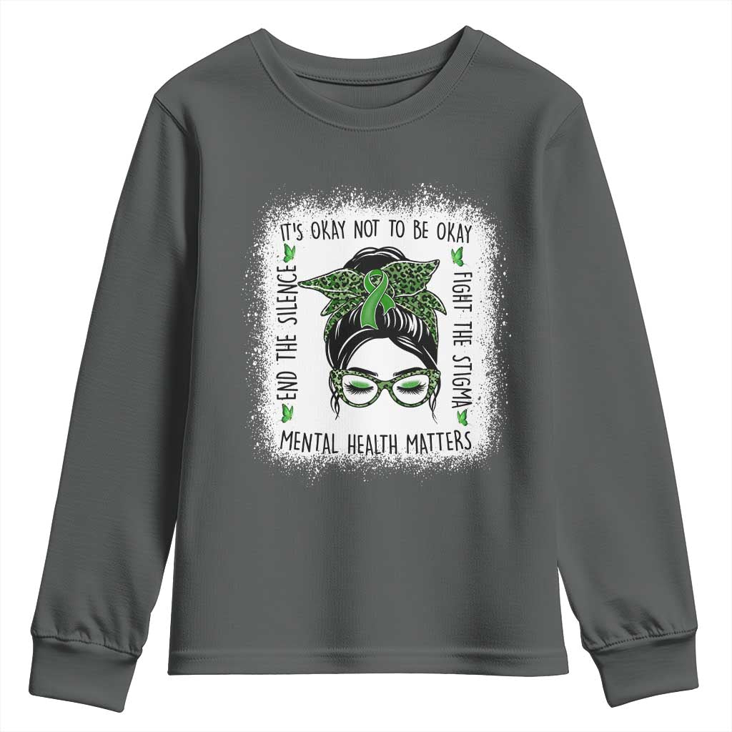 Mental Health Matters Youth Sweatshirt Messy Bun Green Ribbon Support