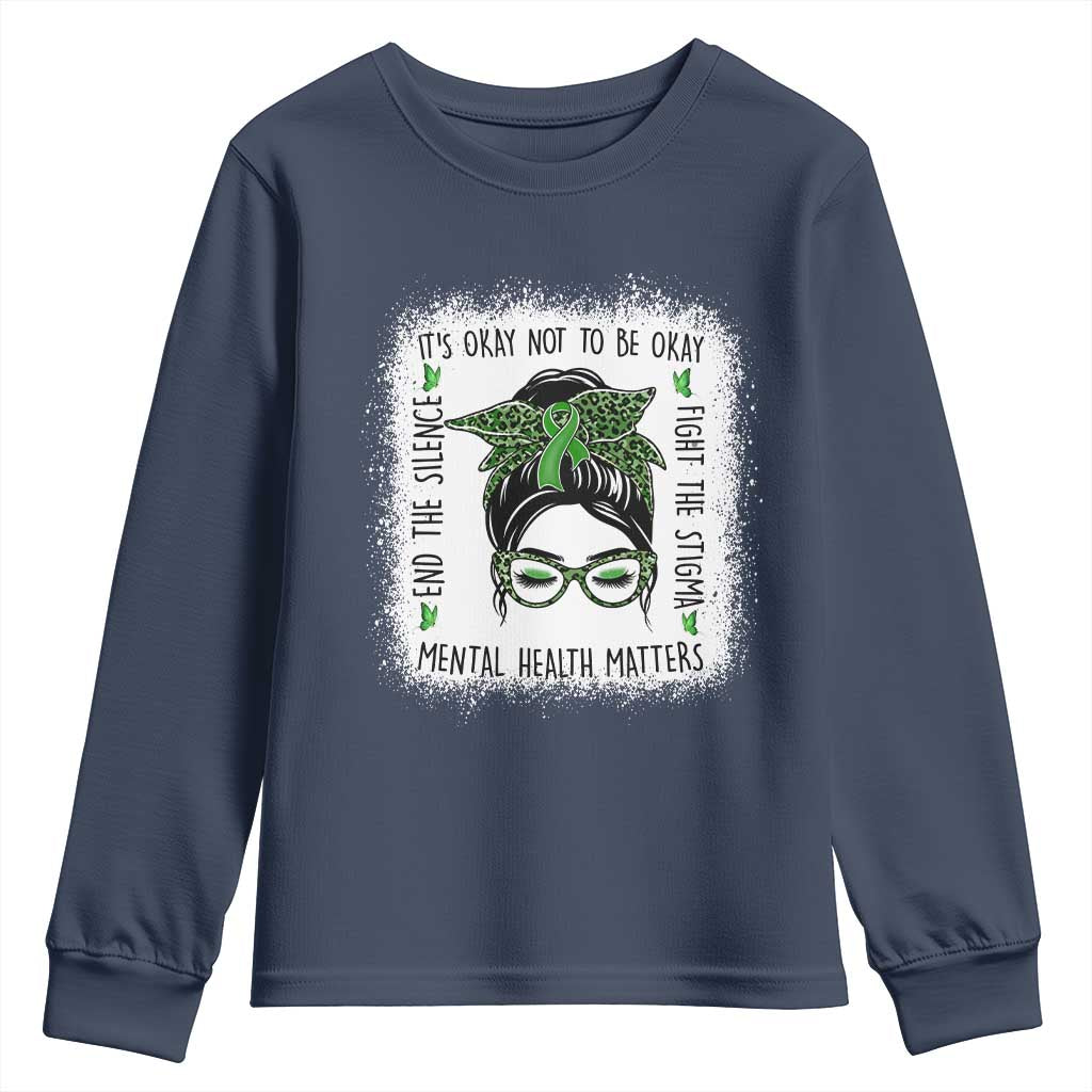 Mental Health Matters Youth Sweatshirt Messy Bun Green Ribbon Support