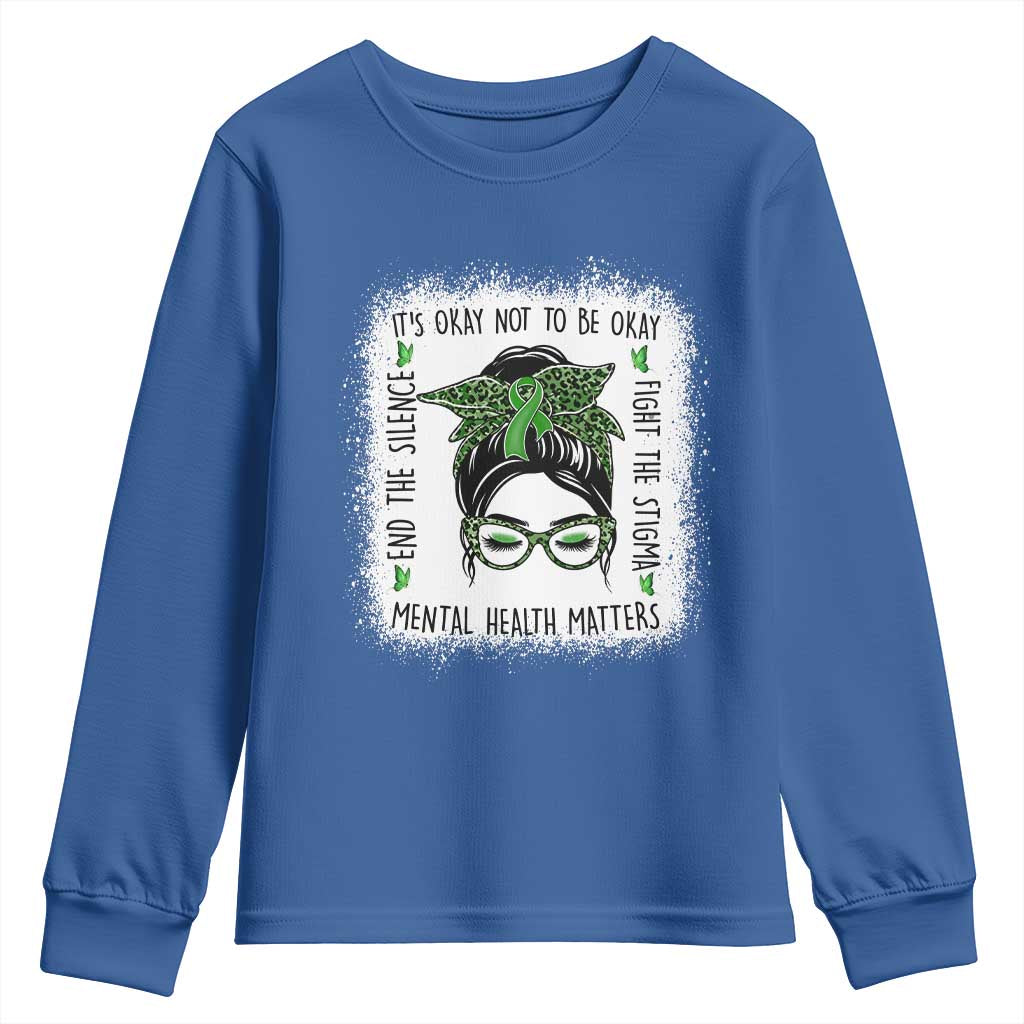 Mental Health Matters Youth Sweatshirt Messy Bun Green Ribbon Support