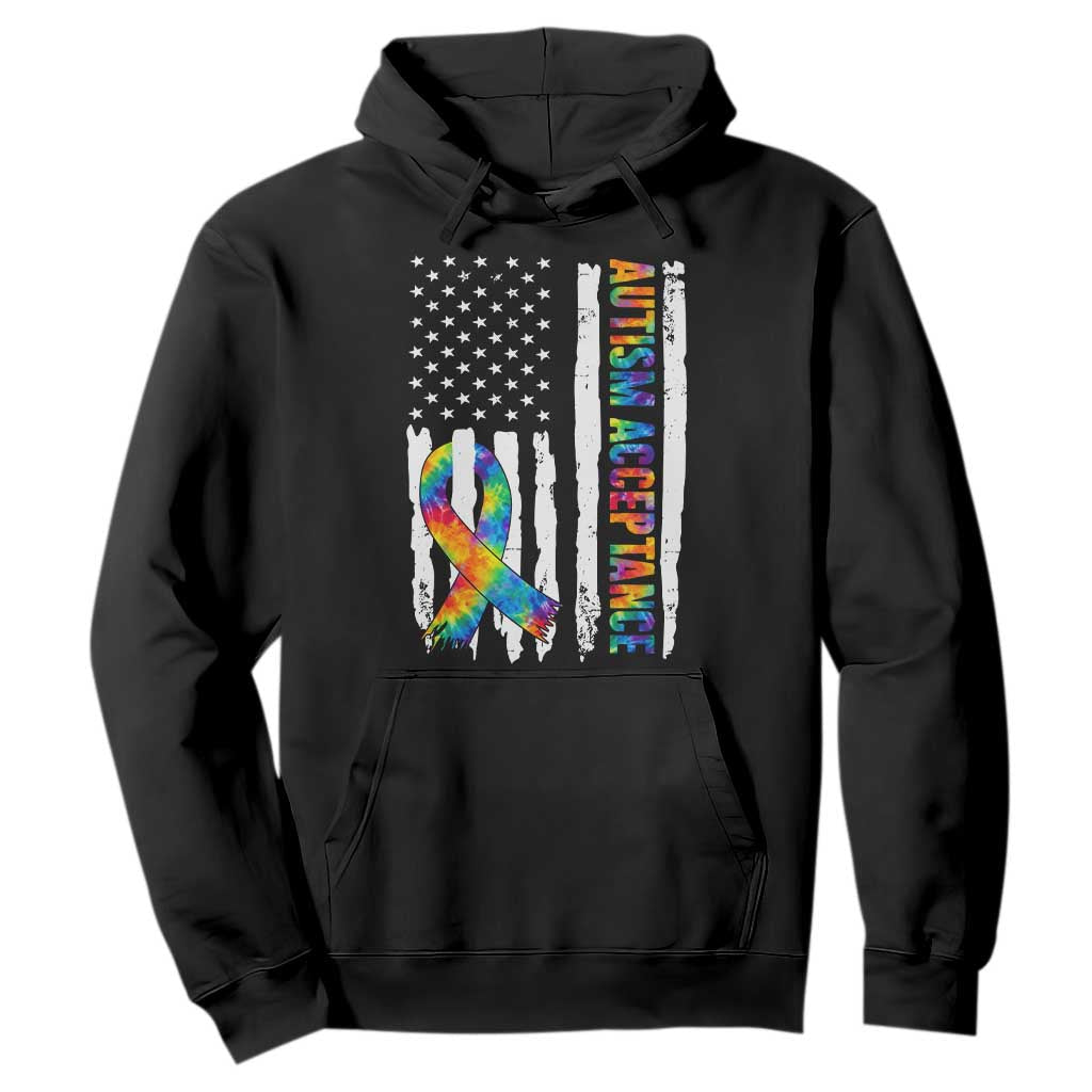 Autism Acceptance Hoodie US Flag Ribbon Support Neurodiversity