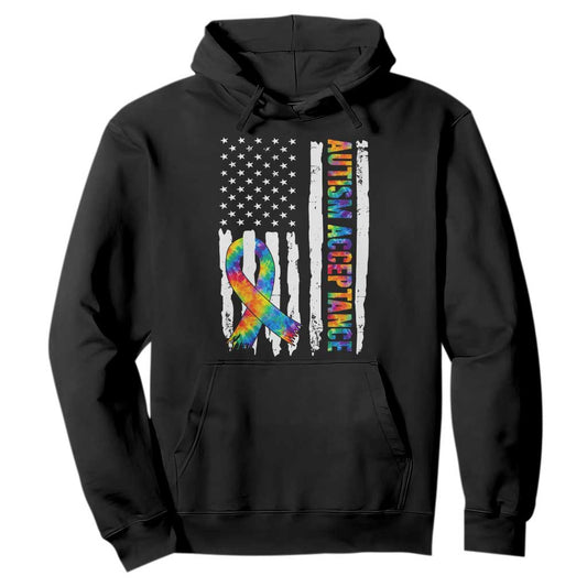 Autism Acceptance Hoodie US Flag Ribbon Support Neurodiversity