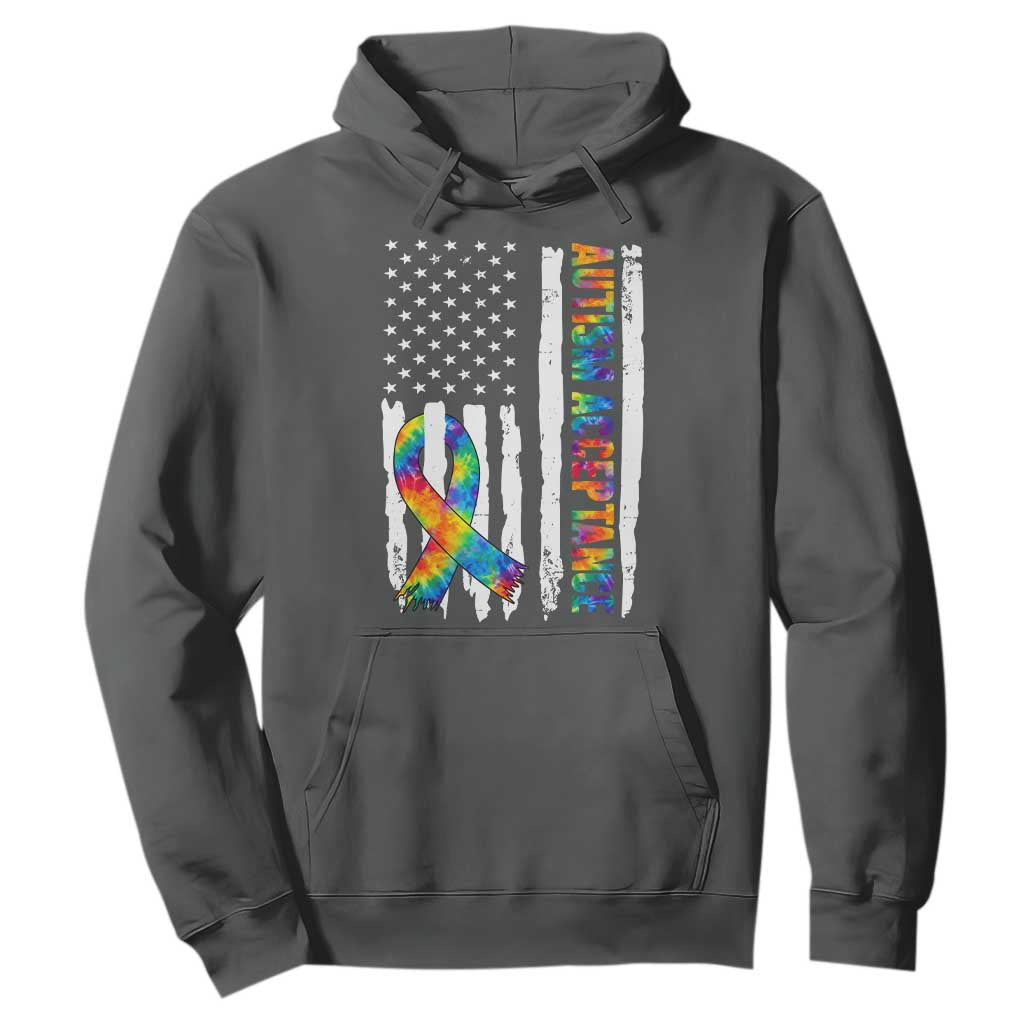 Autism Acceptance Hoodie US Flag Ribbon Support Neurodiversity