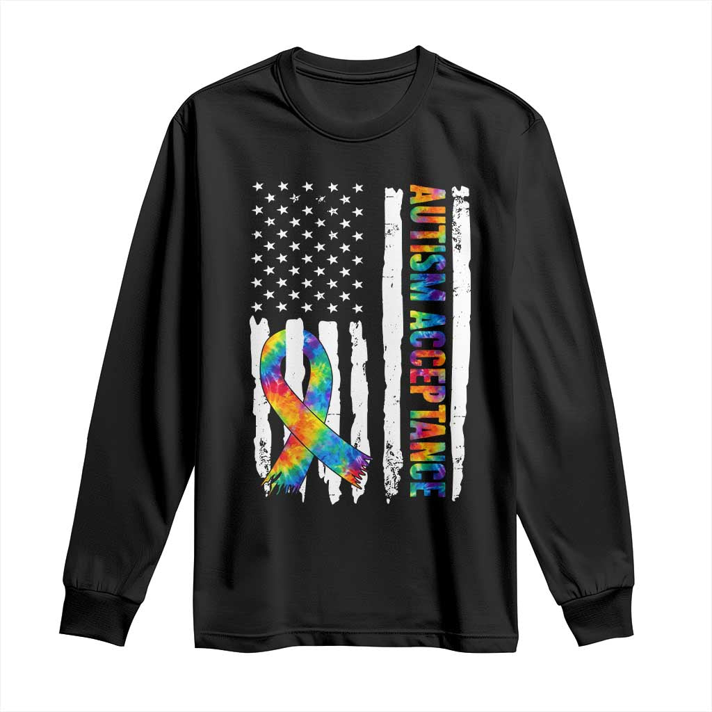 Autism Acceptance Long Sleeve Shirt US Flag Ribbon Support Neurodiversity