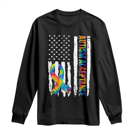 Autism Acceptance Long Sleeve Shirt US Flag Ribbon Support Neurodiversity