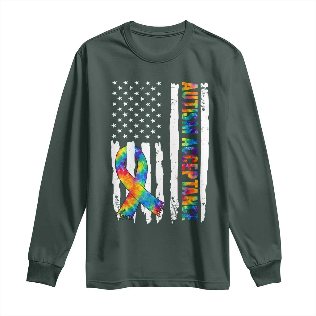 Autism Acceptance Long Sleeve Shirt US Flag Ribbon Support Neurodiversity