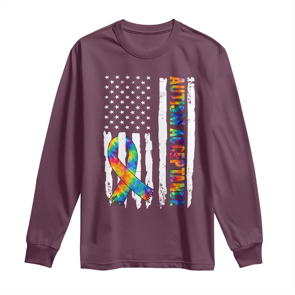 Autism Acceptance Long Sleeve Shirt US Flag Ribbon Support Neurodiversity