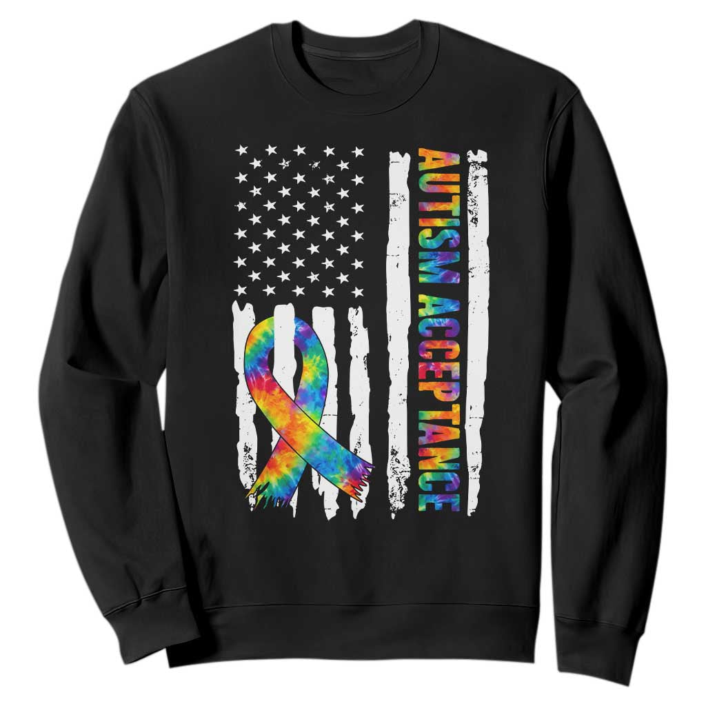 Autism Acceptance Sweatshirt US Flag Ribbon Support Neurodiversity