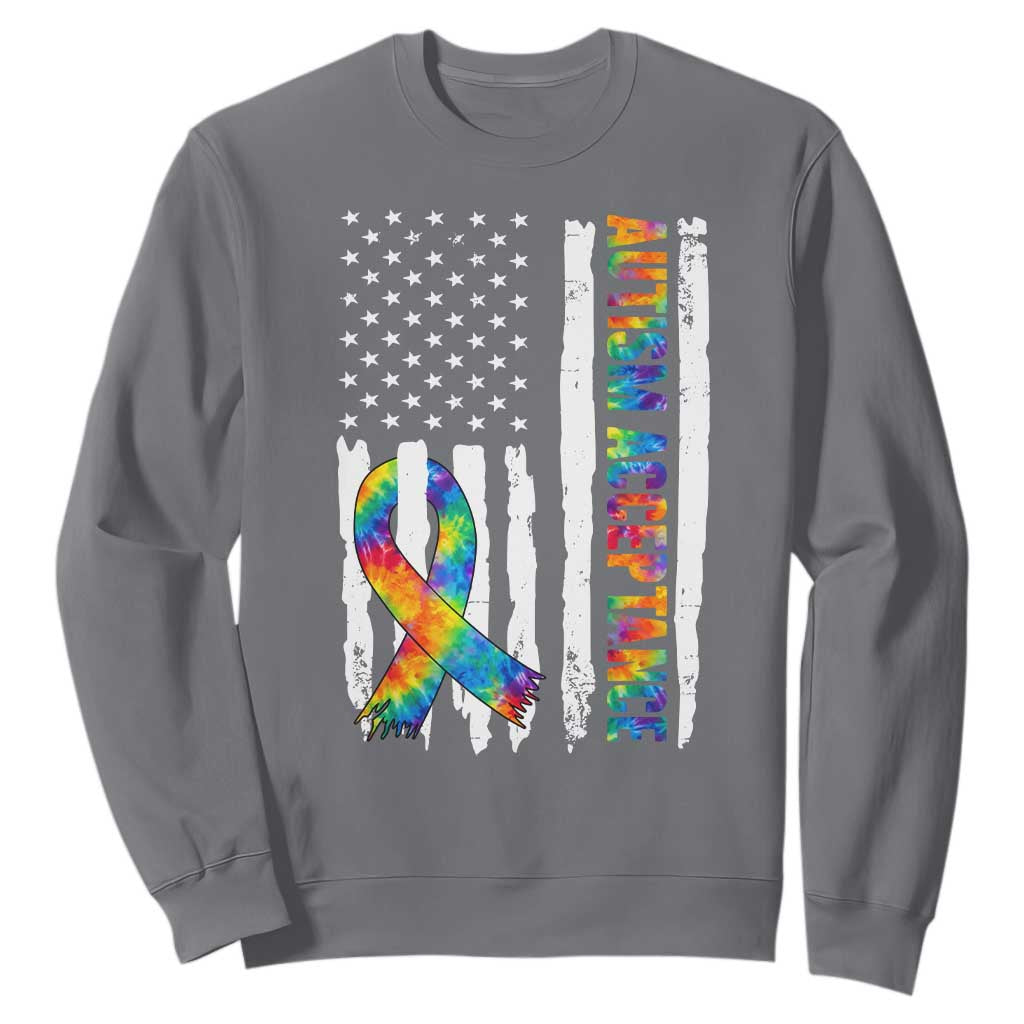 Autism Acceptance Sweatshirt US Flag Ribbon Support Neurodiversity