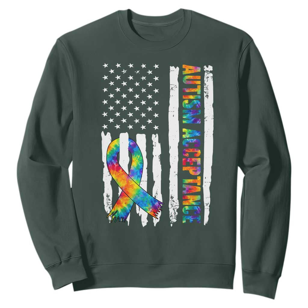 Autism Acceptance Sweatshirt US Flag Ribbon Support Neurodiversity