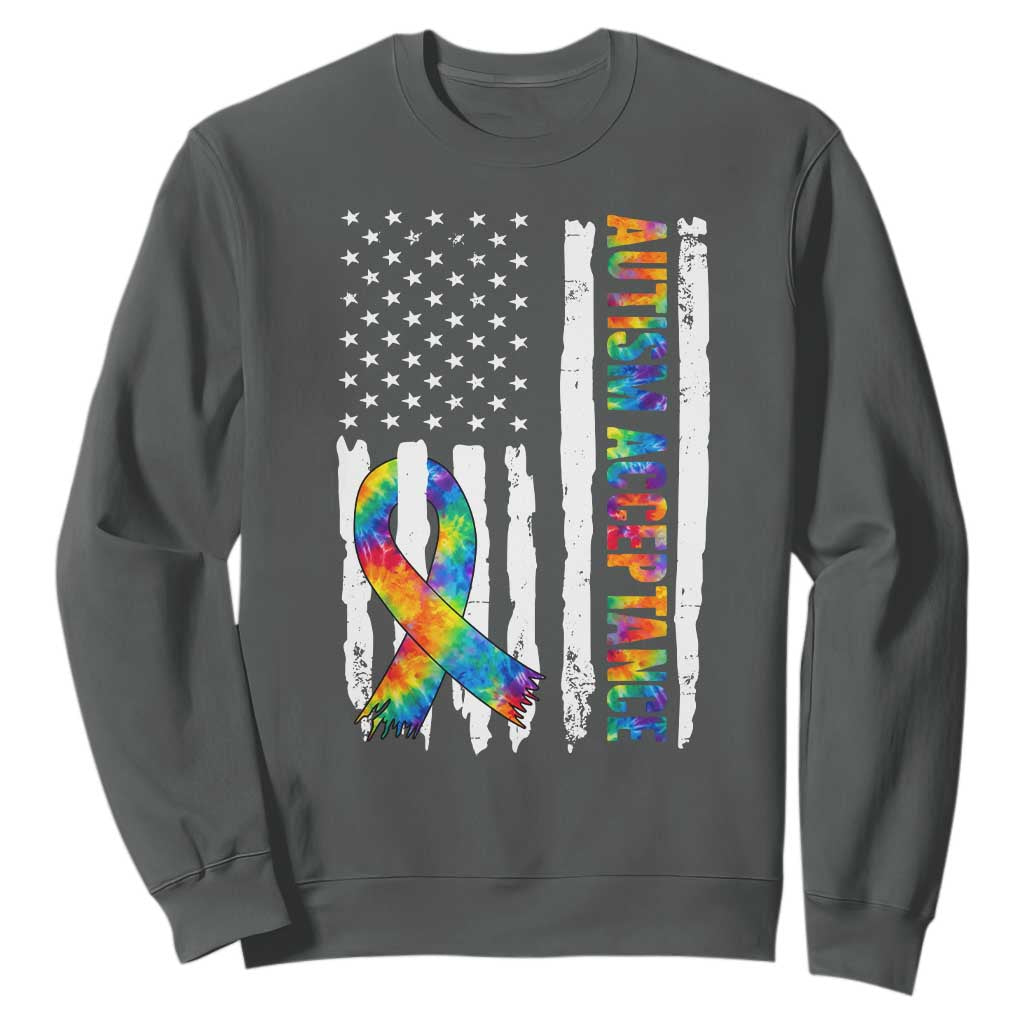 Autism Acceptance Sweatshirt US Flag Ribbon Support Neurodiversity