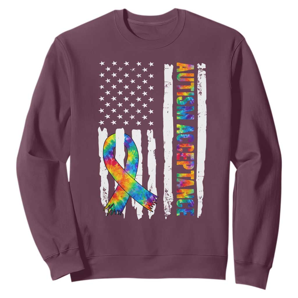 Autism Acceptance Sweatshirt US Flag Ribbon Support Neurodiversity