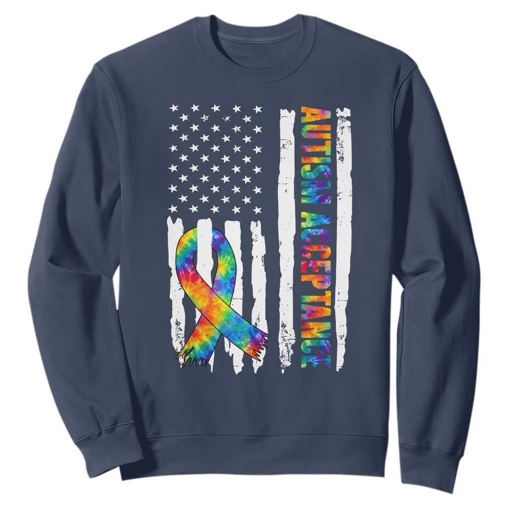 Autism Acceptance Sweatshirt US Flag Ribbon Support Neurodiversity