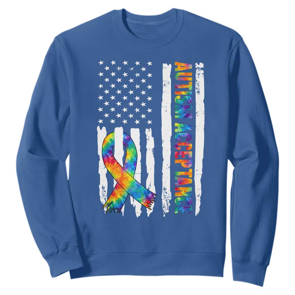 Autism Acceptance Sweatshirt US Flag Ribbon Support Neurodiversity