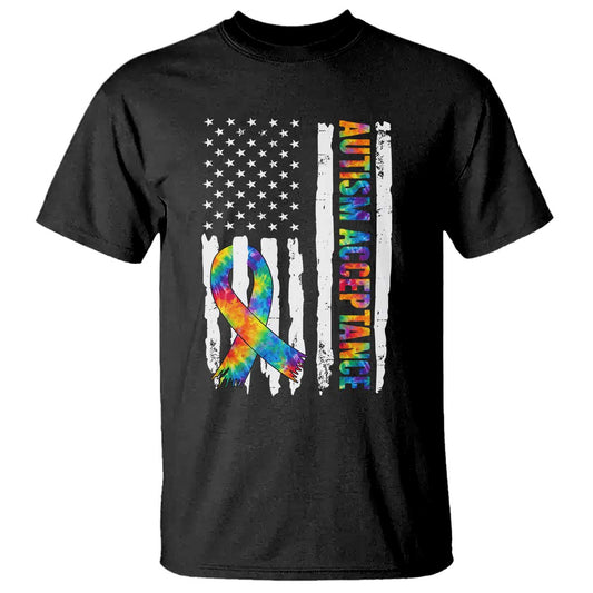 Autism Acceptance T Shirt US Flag Ribbon Support Neurodiversity
