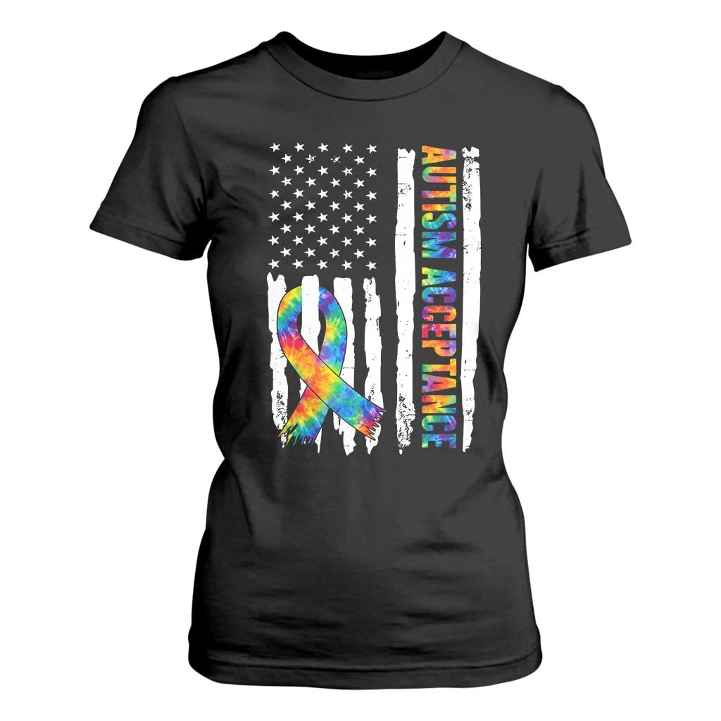 Autism Acceptance T Shirt For Women US Flag Ribbon Support Neurodiversity