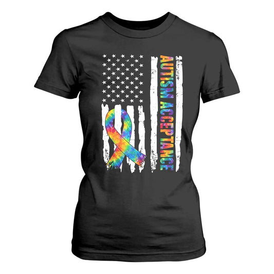 Autism Acceptance T Shirt For Women US Flag Ribbon Support Neurodiversity