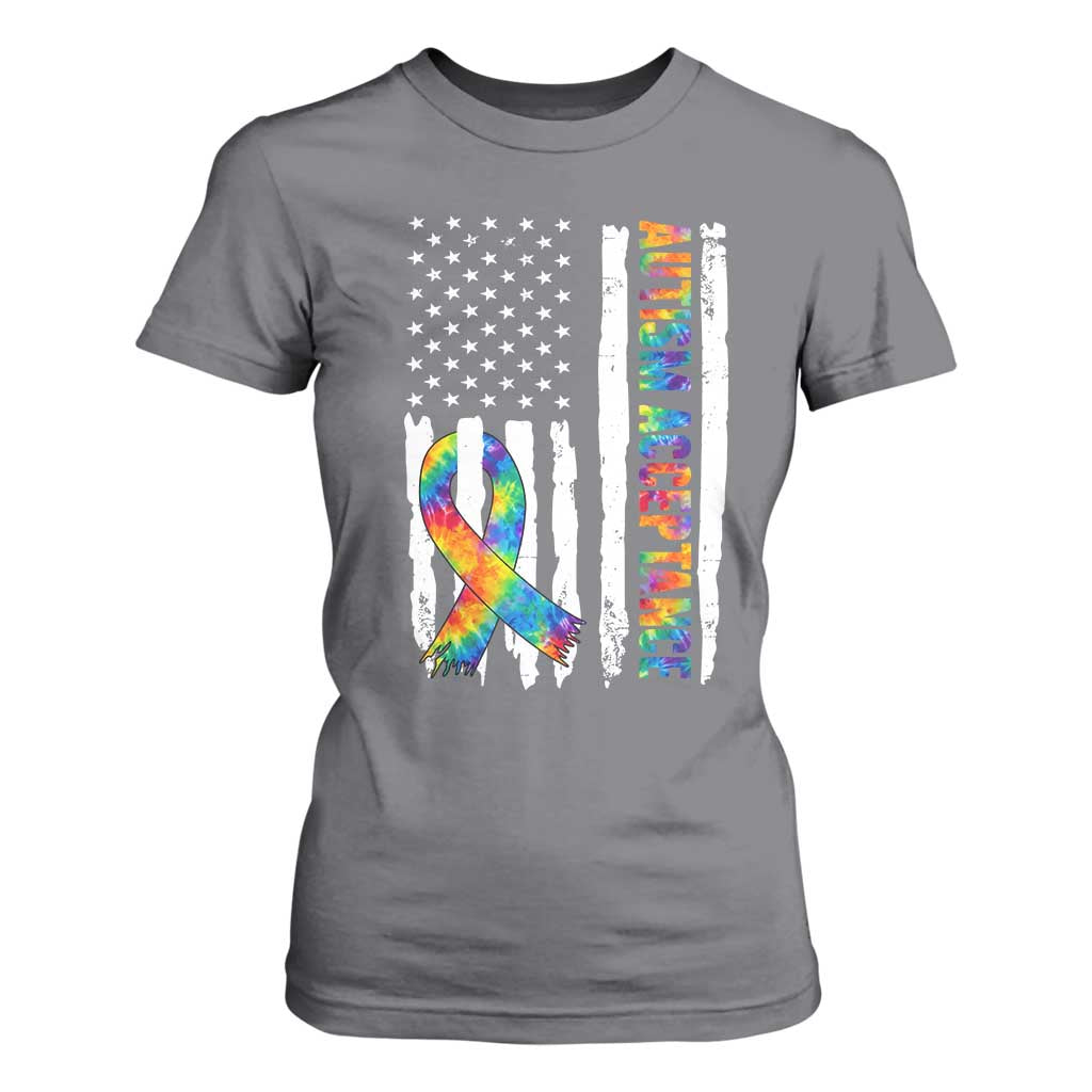 Autism Acceptance T Shirt For Women US Flag Ribbon Support Neurodiversity