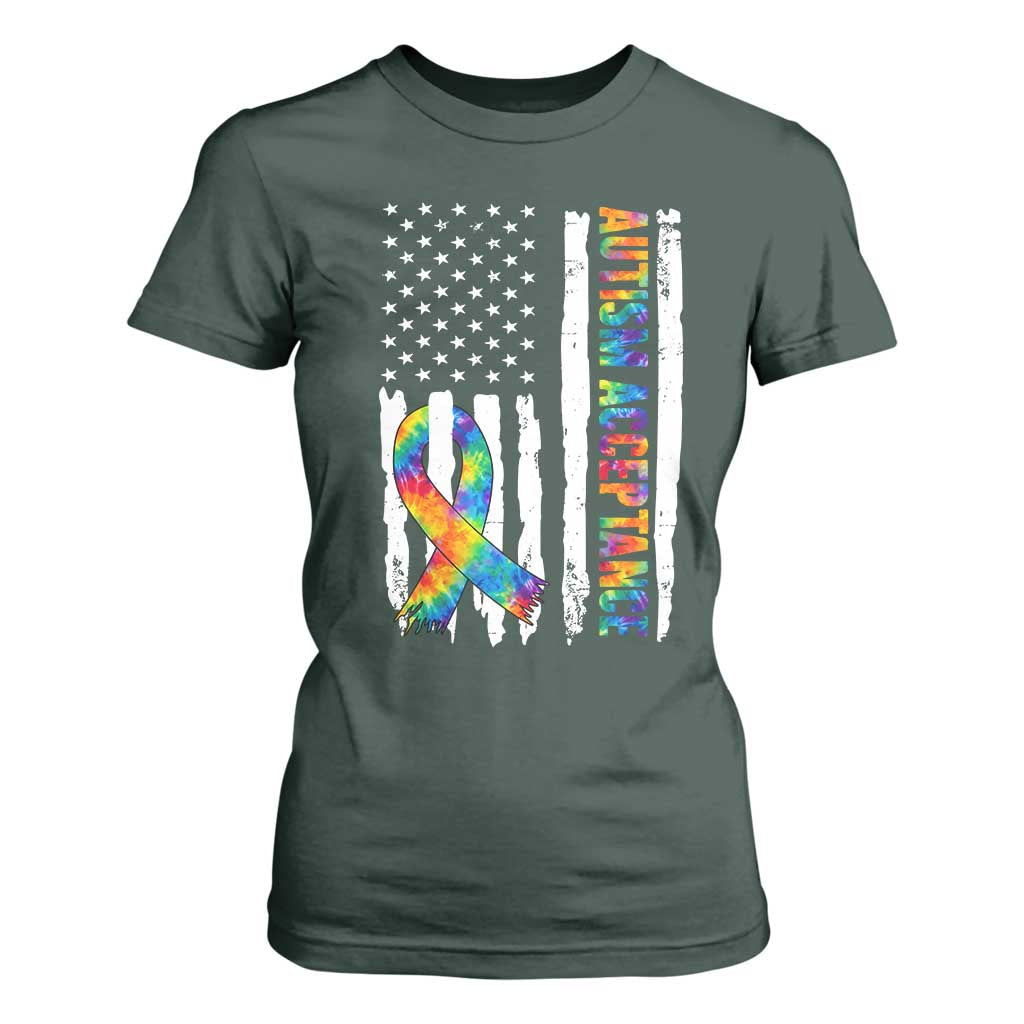 Autism Acceptance T Shirt For Women US Flag Ribbon Support Neurodiversity