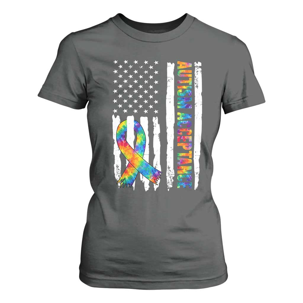 Autism Acceptance T Shirt For Women US Flag Ribbon Support Neurodiversity