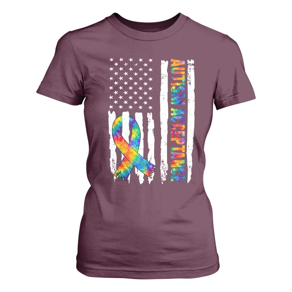 Autism Acceptance T Shirt For Women US Flag Ribbon Support Neurodiversity