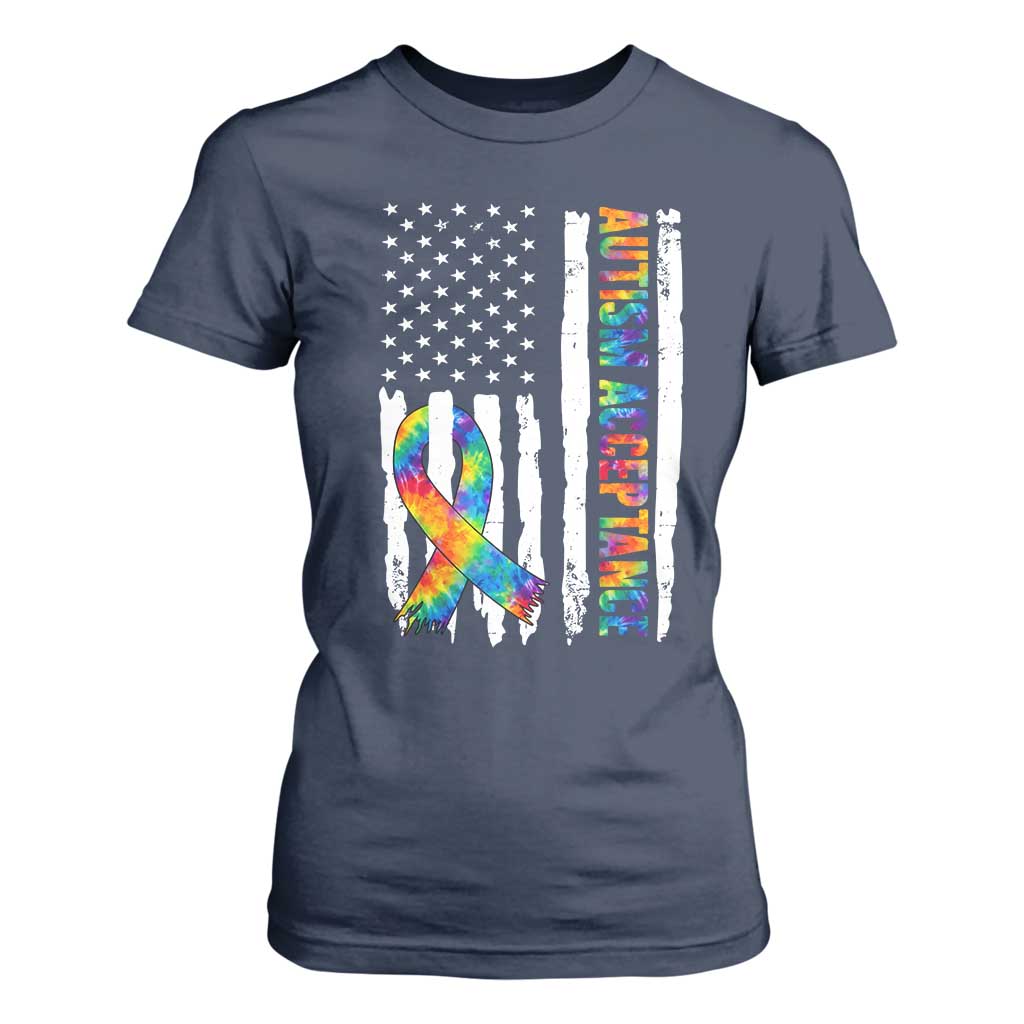 Autism Acceptance T Shirt For Women US Flag Ribbon Support Neurodiversity