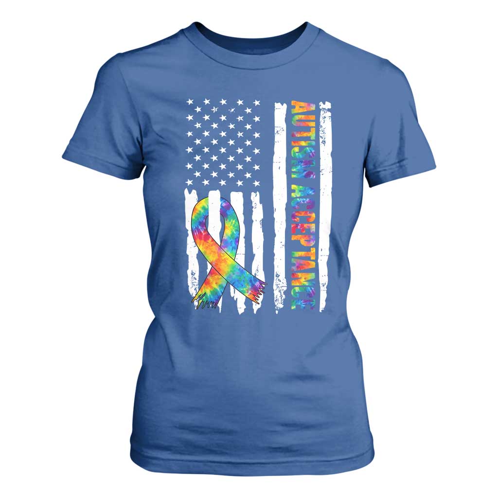 Autism Acceptance T Shirt For Women US Flag Ribbon Support Neurodiversity