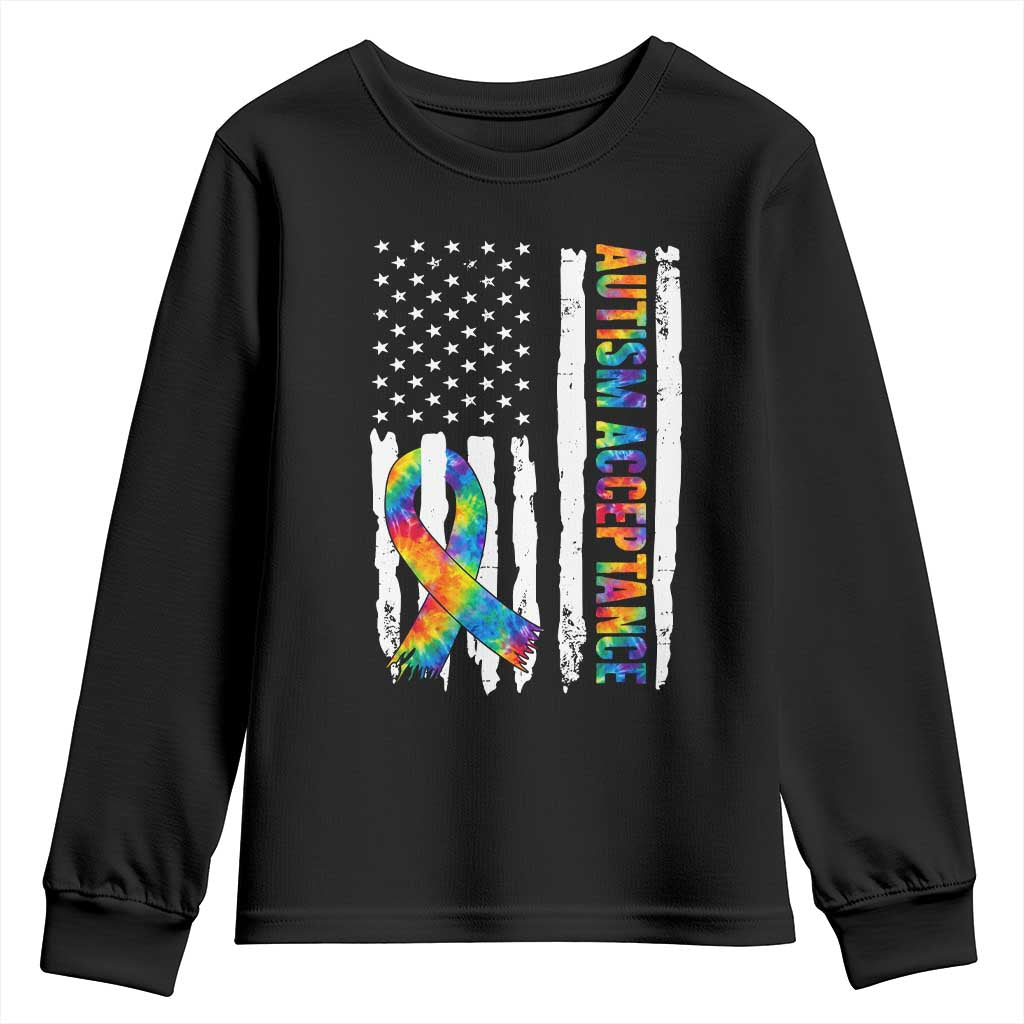Autism Acceptance Youth Sweatshirt US Flag Ribbon Support Neurodiversity
