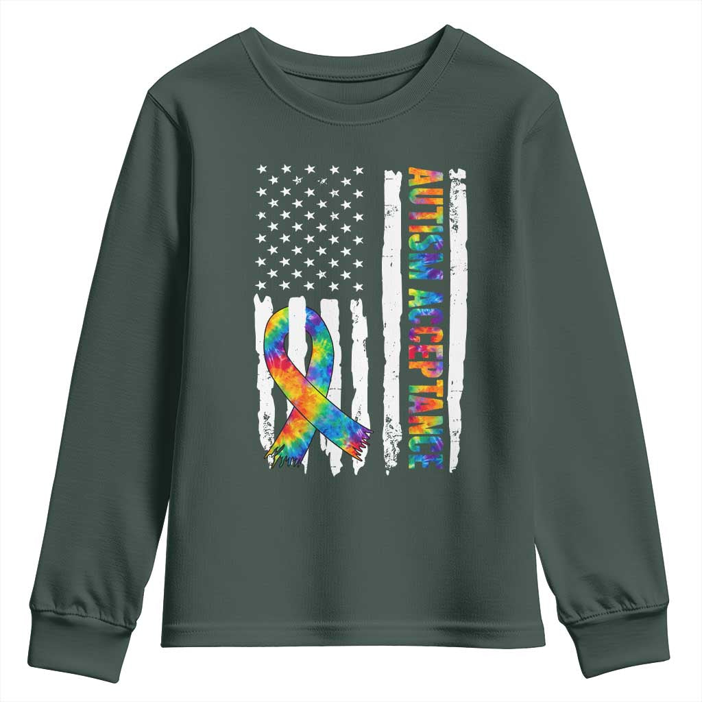 Autism Acceptance Youth Sweatshirt US Flag Ribbon Support Neurodiversity